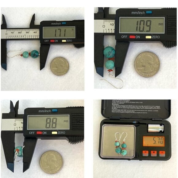 Sterling Silver 925 1.7" Faceted Turquoise Red Coral Beaded Dangle Drop Earrings - Picture 10 of 16